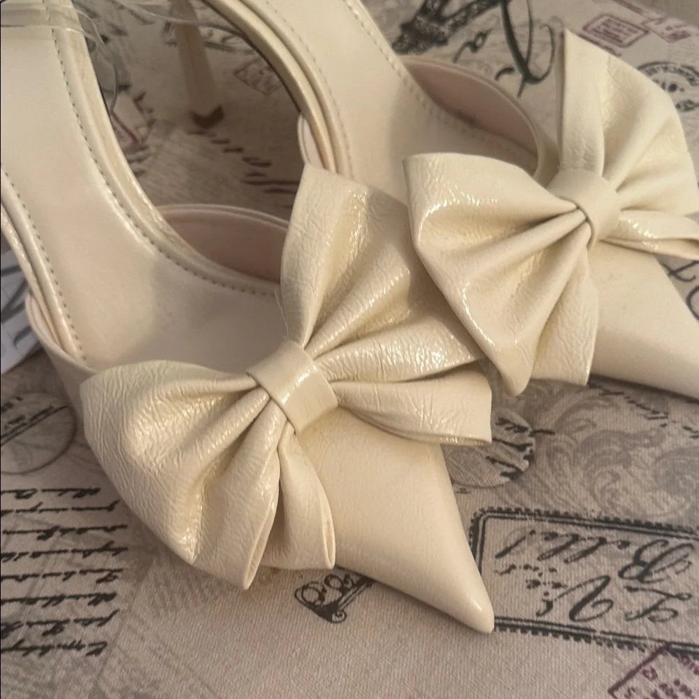 Zara Cream Pointed-Toe Bow Slingback Mules - Picture 3 of 3
